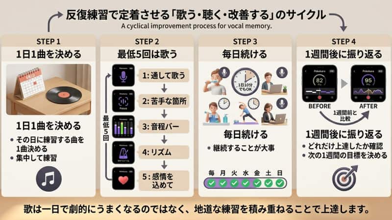 ポケカラで歌がうまくなりたいなら反復練習で定着させる