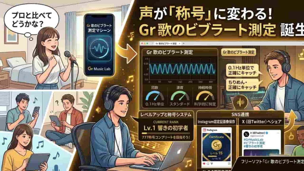 【無料】Gr 歌のビブラート測定｜プロ仕様の解析エンジンで、あなたの歌声を科学的に完全解明。